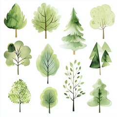 Fototapeta premium Watercolor green trees isolated on a white background.