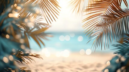 Fototapeta premium Summer background with palm leaves and a beach