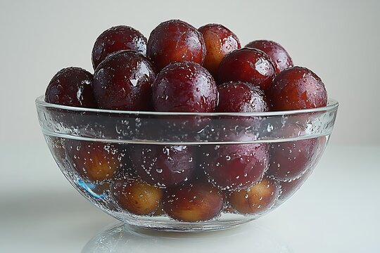Fresh plums in a glass bowl with water drops