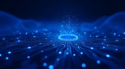 A futuristic glowing blue digital circuit board with luminous connections and a central energy vortex radiating particles in a high-tech, abstract background.