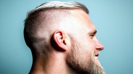 Fototapeta premium Profile of young caucasian male with modern haircut and beard against blue background