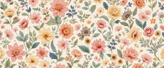 Colorful floral pattern with vintage soft pastel flowers and leaves