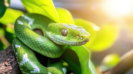 Fototapeta premium Vibrant green snake coiled on leaf in sunlight