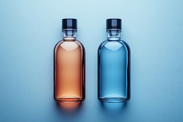 Two glass bottles with colorful liquid on blue background