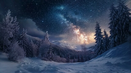 Majestic winter landscape under a starry sky captures the glow of the Milky Way