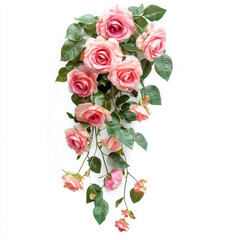 Cascading rose bouquet with pink flowers and green leaves, perfect for romantic decor