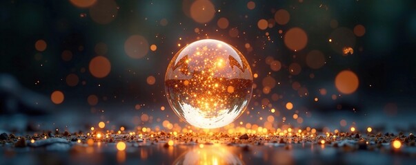 Sparkling gold particles suspended in mid-air around a crystal orb, magical ambiance, glowing particles, ethereal atmosphere