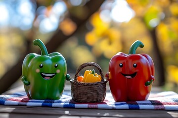 Bell pepper couple picnic with tiny basket