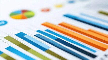 Colorful bar graphs and a pie chart on a financial document, symbolizing data analysis, business performance, and statistical insights.