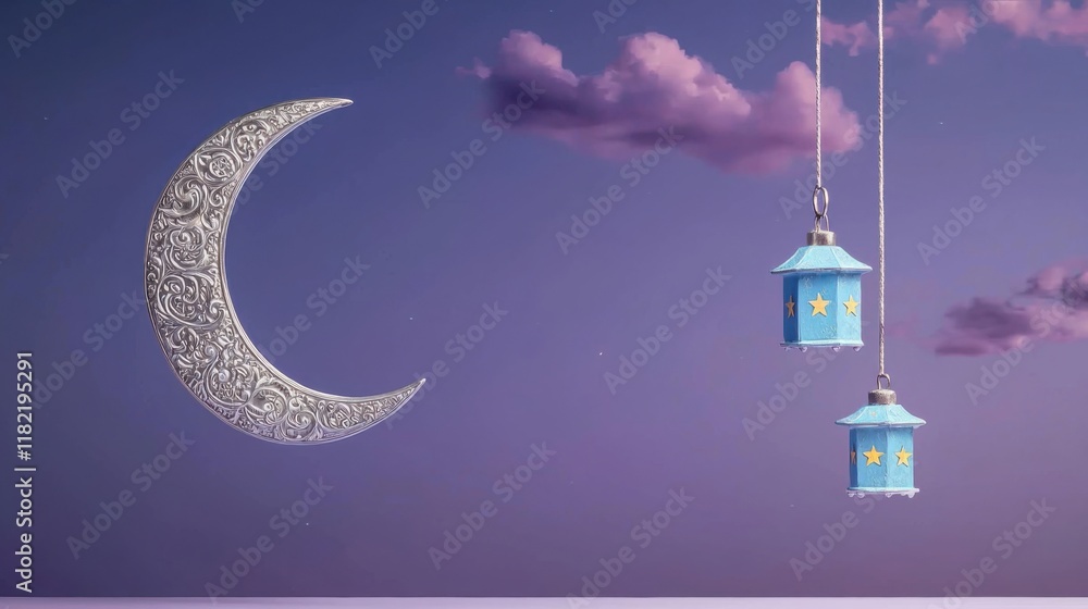 Poster a serene twilight scene featuring a crescent moon and hanging lanterns against a softly colored sky 