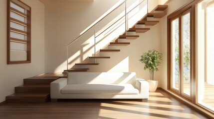 Obraz premium Elegant living room featuring a floating wooden staircase, a white sofa, large windows, and natural sunlight enhancing the cozy atmosphere.