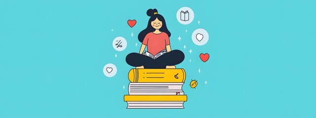 A flat vector illustration of an adult woman sitting on top of three books