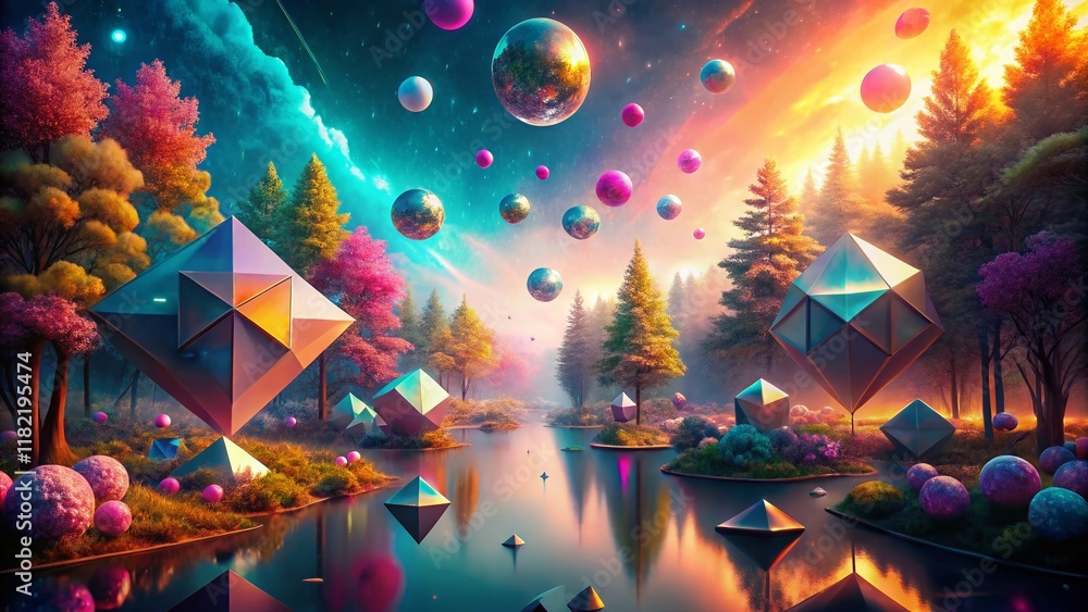 Poster surreal 6.11: abstract dreamscape with floating geometric forms and ethereal light