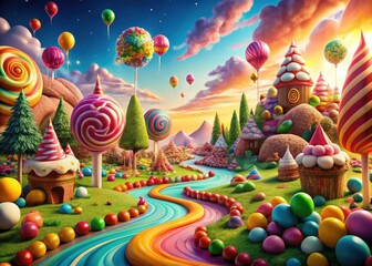 Sweet fantasy art: a magical lollipop world, colorful treats, whimsical sugarland, candy dreamscapes abound.