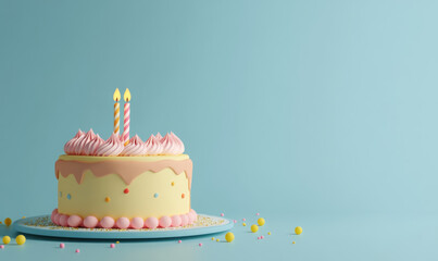 Simple pastel birthday cake with two lit candles and pink frosting on a blue background, ideal for children’s party themes.