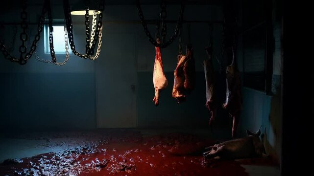 Inside a Meat Processing Facility With Carcasses Hanging and Blood on the Floor During Late Hours