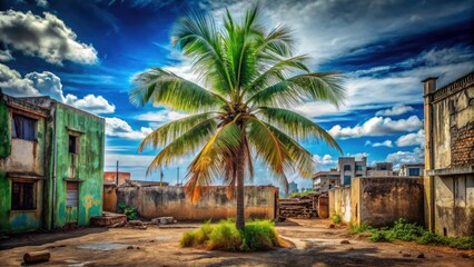Naklejka premium Urban exploration reveals a hidden paradise: coconut trees, blue skies, and a cityscape escape.