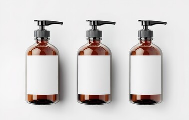 Elegantly Arranged Amber Glass Dropper Bottles with Minimalist Labels, Ready for Customization