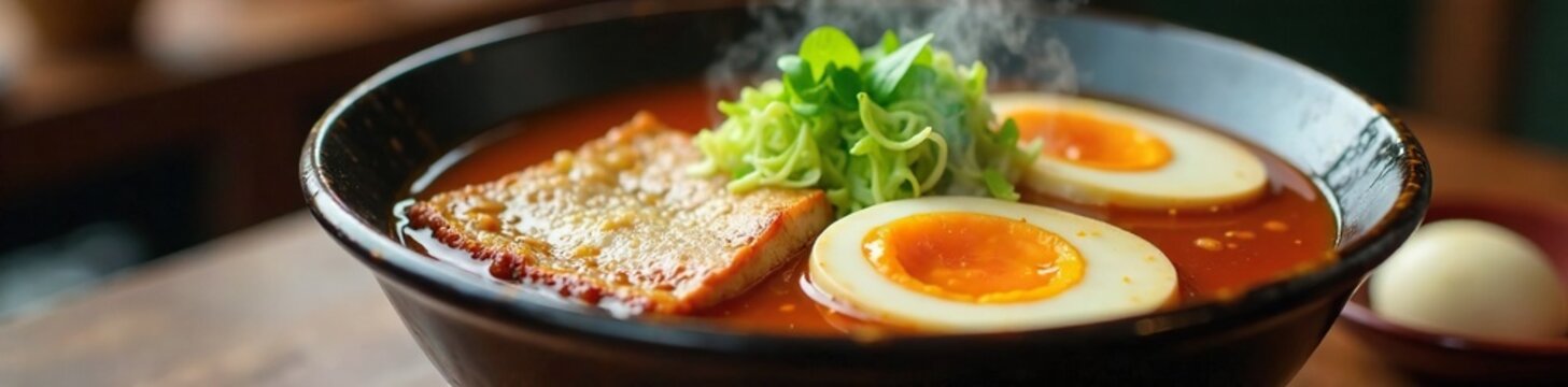 Steaming hot ramen bowl with pork chasu mushrooms and soft boiled egg, seaweed, chasu