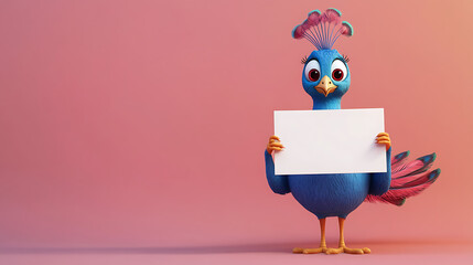A colorful animated bird holding a blank sign against a gradient background.