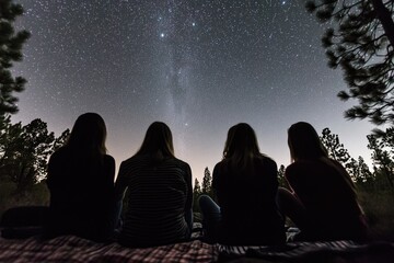 Four adults stargazing in forest at night under starry sky