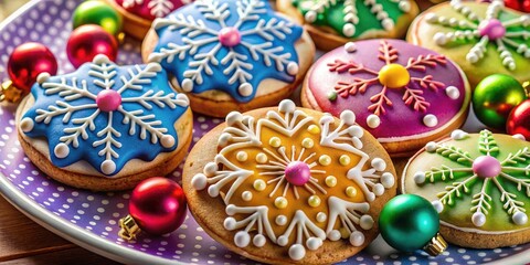 Fototapeta premium Watercolor-esque macro photography of iced snowflake cookies and colorful candy balls.