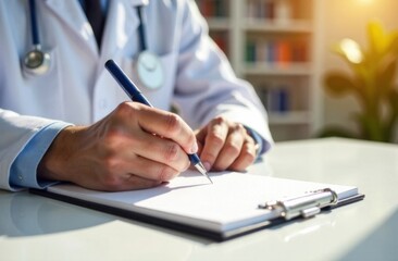 Fototapeta premium male doctor writes on a notepad while working at his workplace in an office in a hospital, concept of health and approach to treatment