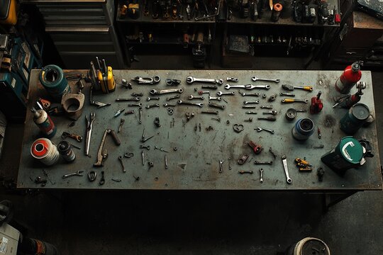 A well used workbench displays various tools - Powered by Adobe