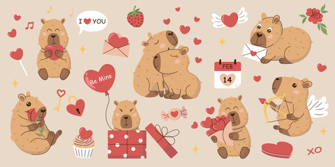 A charming Valentines Day sticker set featuring adorable capybaras, hearts, gifts, and romantic icons. Perfect for cards, scrapbooking, digital designs, and social media. Cute and whimsical style.