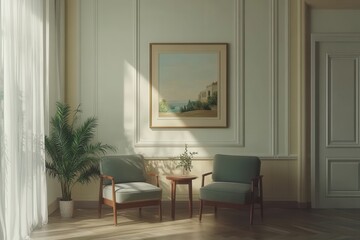 Obraz premium Elegant picture frame showcase for home decor, featuring modern art print mockup in stylish living room setting with chic interior design elements and inviting atmosphere