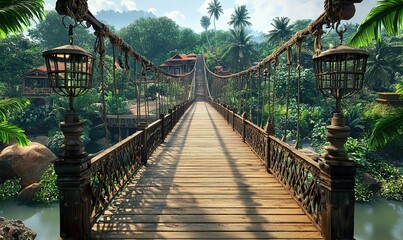 Fototapeta premium Rope bridge over river in tropical jungle leading to village, ideal for adventure travel ads.