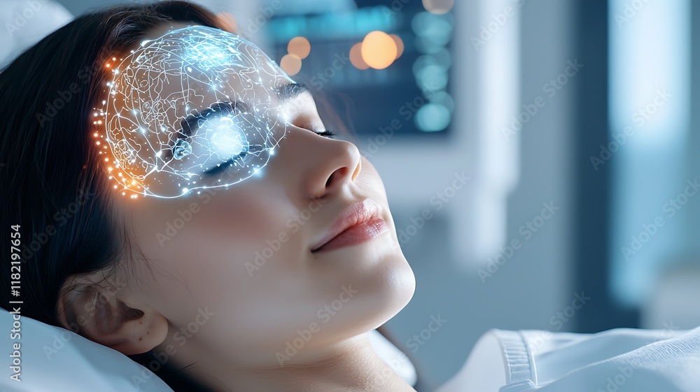 Poster a person wearing a futuristic headset interface using an ai powered app to track moods emotions and 
