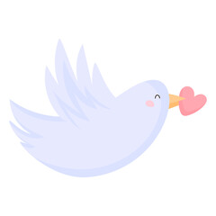 Valentine card dove bird holding heart isolated on white background. Cartoon dove holding valentine card in beak. Illustration for postcards