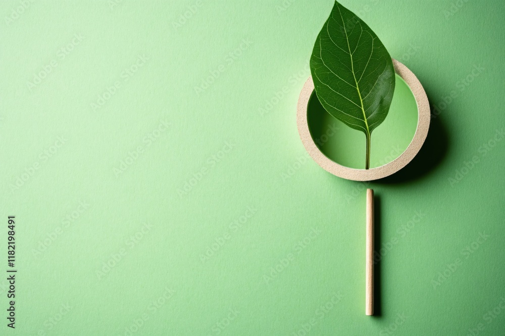 Poster green leaf displayed in circular frame on soft green background