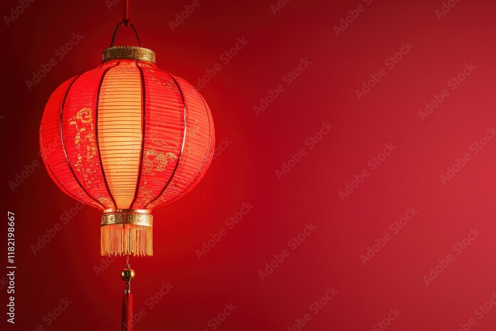 Poster a vibrant red lantern hanging against a matching red wall, creating a warm and inviting atmosphere.