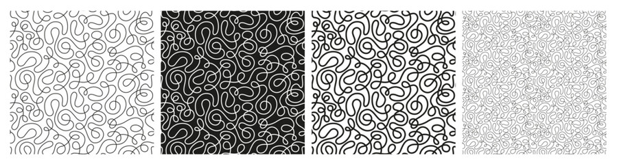 Whimsical one continuous line doodle seamless pattern with swirling squiggles, energetic shapes, and playful details