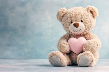 Obraz premium A cute teddy bear holds a pink heart, set against a soft blue background, conveying love and comfort.