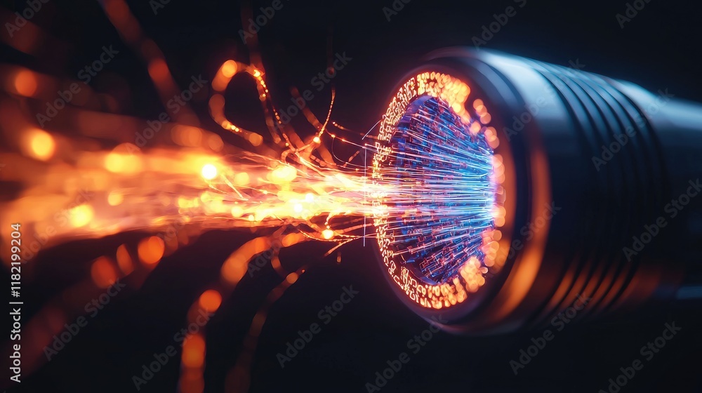 Poster sparks emanating from a futuristic flashlight in dark setting