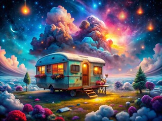 Obraz premium Surreal Caravan in a Dreamlike Landscape: Whimsical Night Photography
