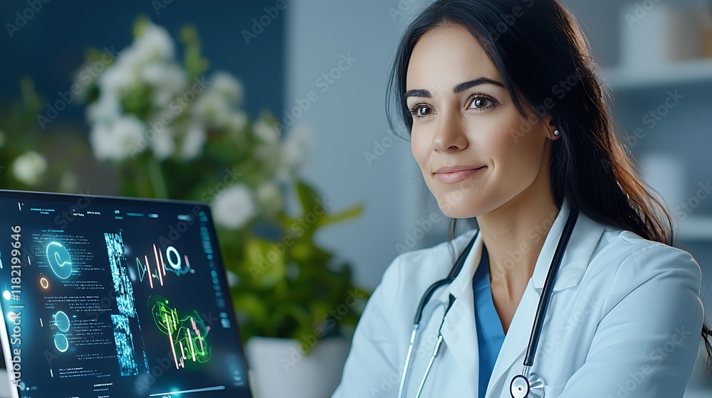 Poster professional healthcare provider examining patient data and mental health insights on a smart ai dri