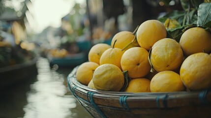 Fresh Citrus Fruits in Wooden Basket at Asian Market River Setting