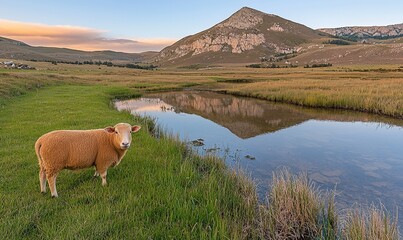 Obraz premium Sheep by reflective stream, mountain backdrop, sunset glow.