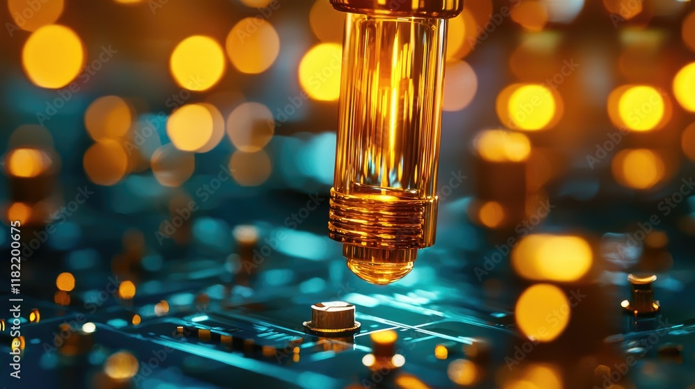 Poster macro shot of droplet over microchip with orange bokeh background