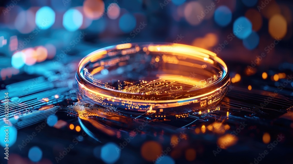 Poster Glowing Circular Object on Circuit Board Surrounded by Bokeh Lights