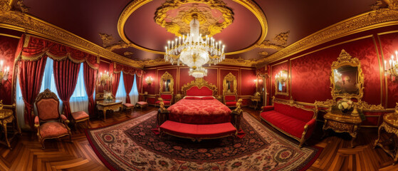 Obraz premium A wide-angle shot of a royal dining room featuring a polished wood dining table, gold-trimmed chairs, and a grand crystal chandelier. 