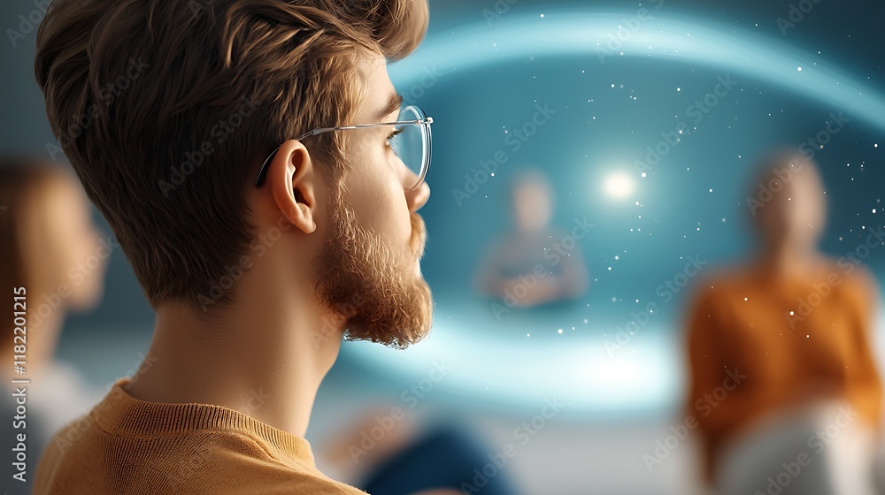 Poster a man with a beard and glasses is participating in a futuristic virtual support group meeting which 