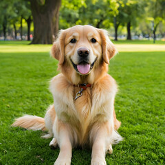 Adorable golden retriever dog sitting on green grass in a park