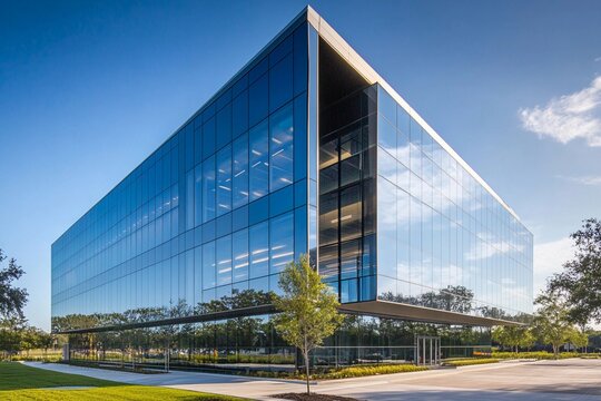 Office building with reflective glass windows