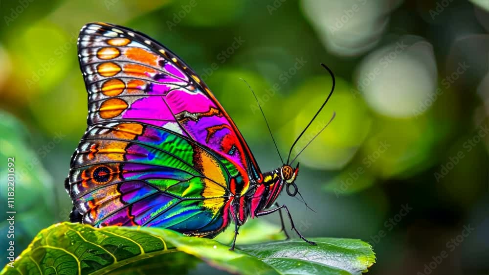 Poster colorful and vibrant butterfly close up on green leaf macro exploration of natures intricate pattern