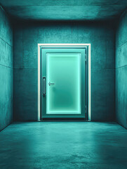 A door is lit up in a room with a blue color